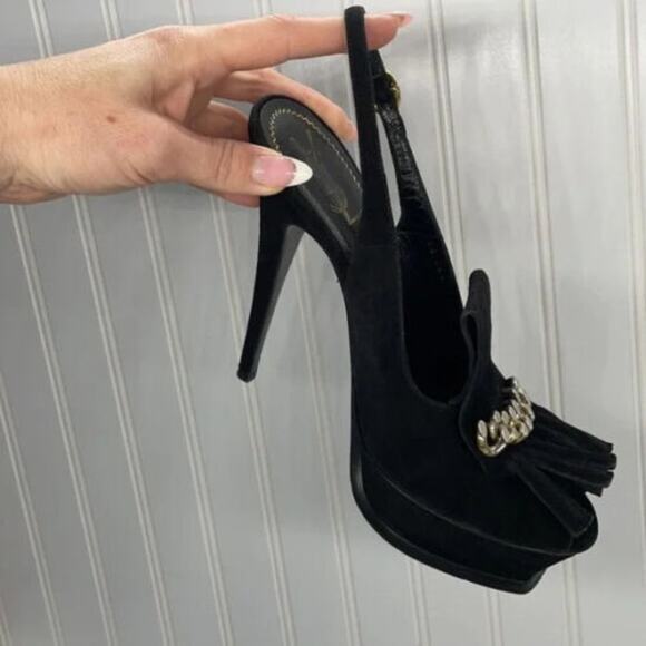 Yves Saint Laurent Black Suede Fringe Chain Open Toe Slingback Stiletto Heel 8.5 - Picture 3 of 8